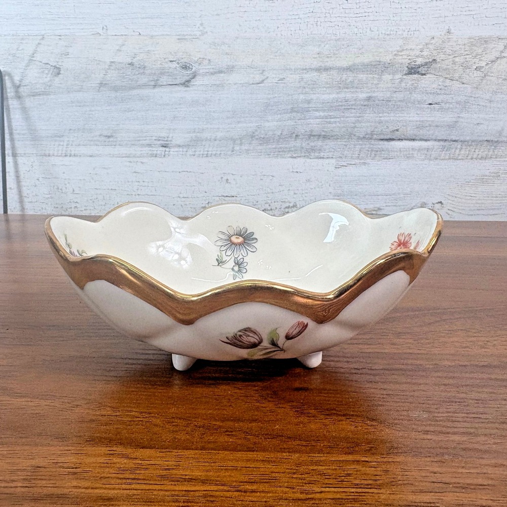 Vintage Holley Ross 22K Hand Painted footed porcelain bowl MCM LaAnna PA